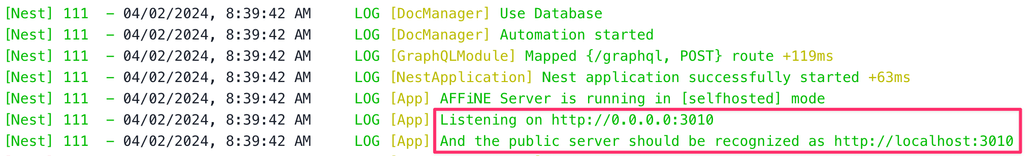 AFFINE successful startup log interface showing completed setup
