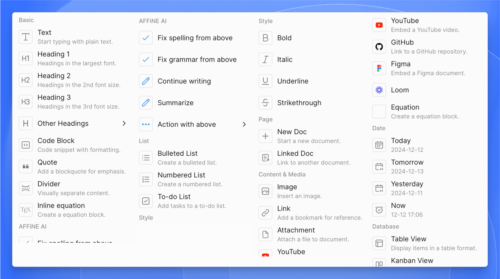 AFFINE Document Mode Command Menu for quick access to functions