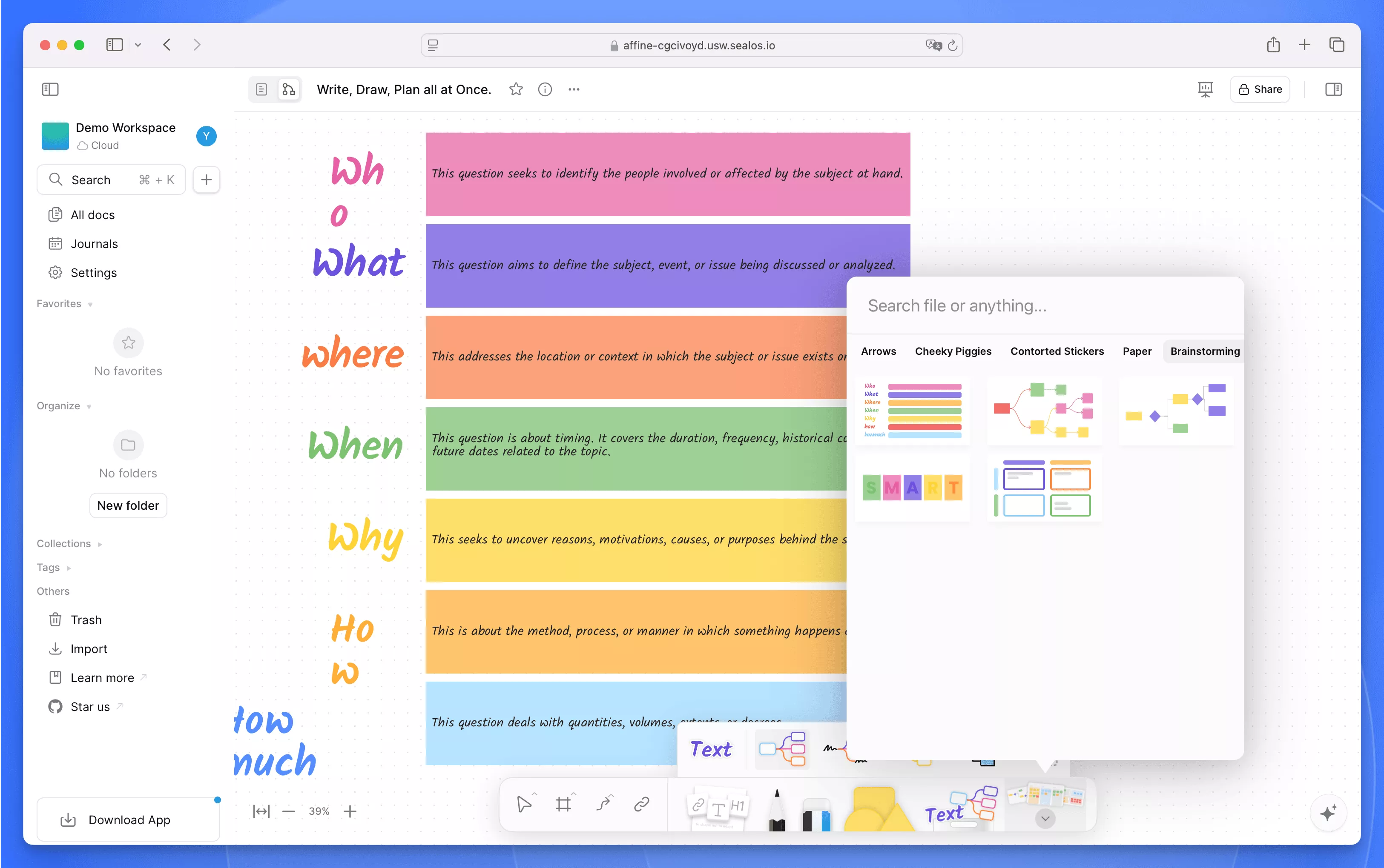 AFFINE Whiteboard Mode Template library with pre-built options