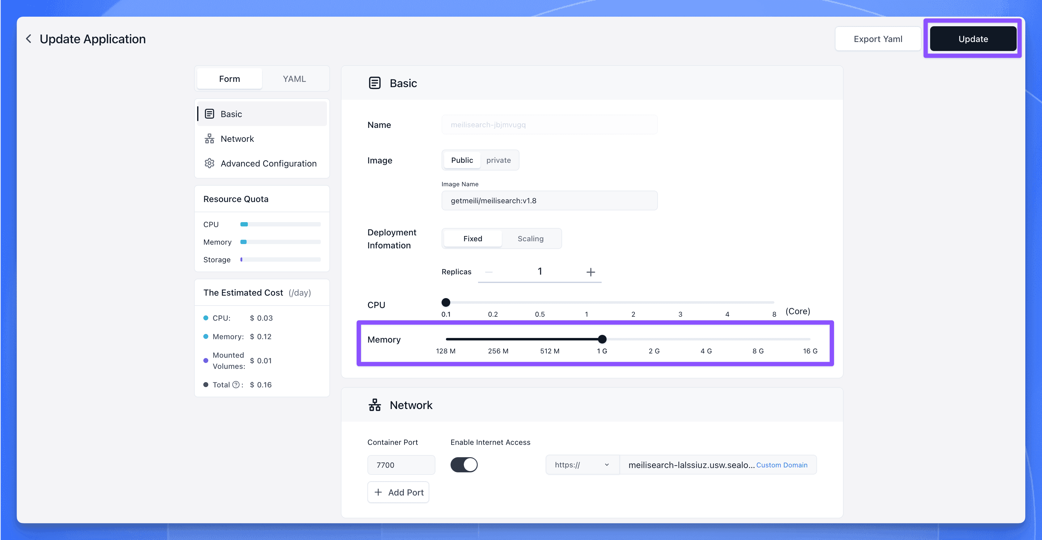 Sealos Dashboard for changing resource allocations, setting Meilisearch memory to 1G